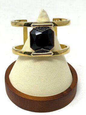 Vince Camuto Gold Tone Black Faceted Stone Architectural Cuff Bracelet V Mark